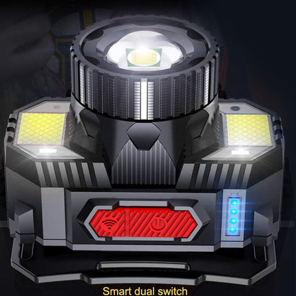 High-powered industrial lamp with multiple lights and a smart dual switch indicator on a dark background.