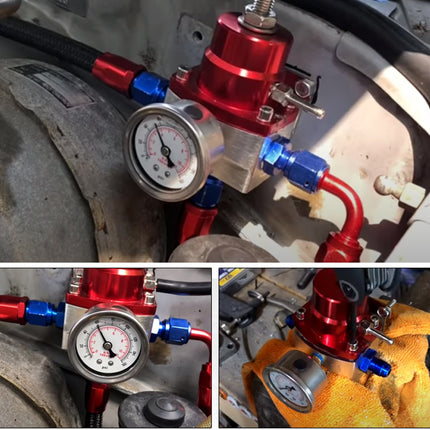 Red and blue pressure regulator with gauge on a mechanical background
