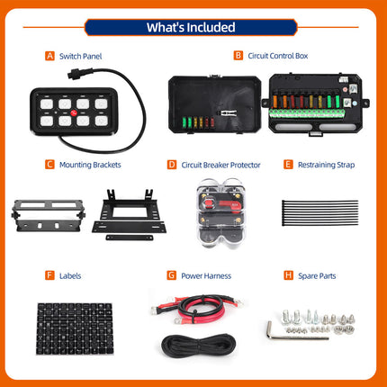 List of electrical components and accessories on an orange background