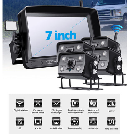 7-inch car monitor system with multiple cameras on a white background