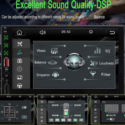 Car stereo system with sound quality control interface on a dark background