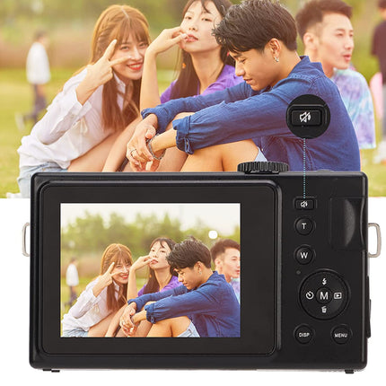 Digital camera with screen displaying a photo of people sitting together, with a group of people in the background.