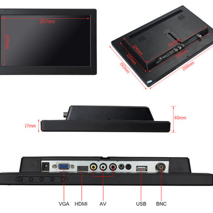 Measurement chart of a device with dimensions and ports labeled