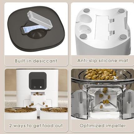 Product features including a built-in desiccant, anti-slip silicone mat, two ways to get food out, and optimized impeller on a beige background.