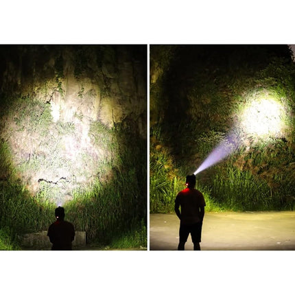 Two images showing a person with a flashlight in a dark outdoor setting.