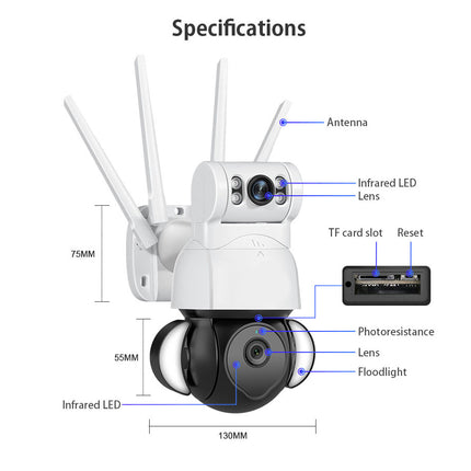Diagram of a security camera with labeled parts and dimensions on a white background