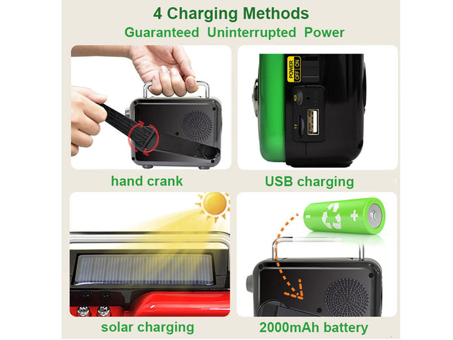 Emergency Weather Radio - 4-in-1 with Solar & Hand-Crank Power | AM/FM/NOAA, Bluetooth Speaker, LED Flashlight, SOS Alarm, 2000mAh Power Bank, RC-15187