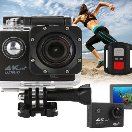 Action camera with accessories on a beach background