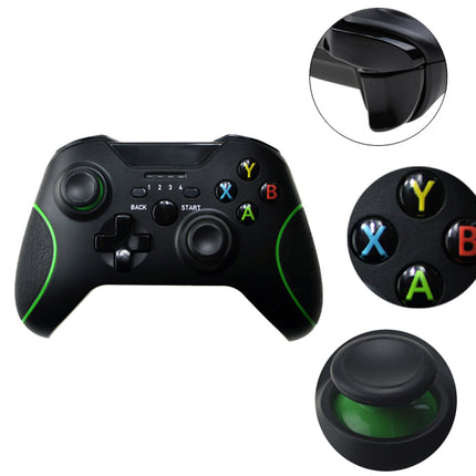 A black wireless game controller with green accents, shown on a white background with three circular detail insets highlighting the thumbstick top, the face buttons, and the side grip.