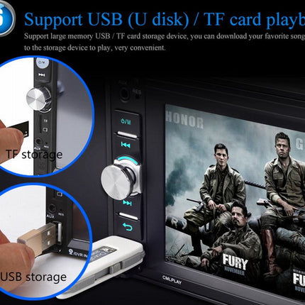 Electronic device with USB and TF card slots and screen displaying a movie poster.