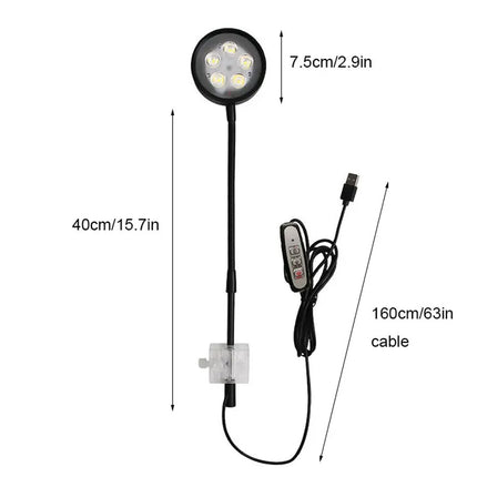 Measurement chart of a black inspection light with cable on a white background