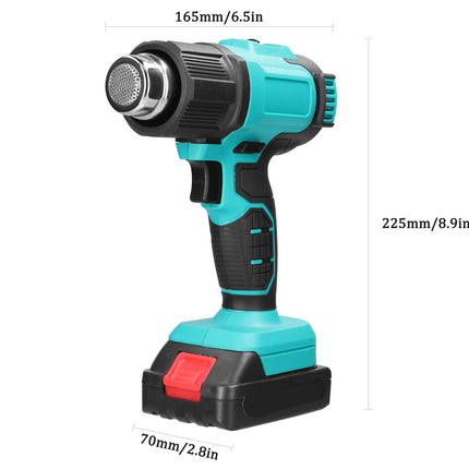 Turquoise cordless drill with measurements on a white background
