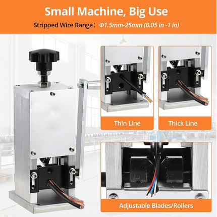 Wire stripping machine with text indicating its use for stripping wire of different thicknesses.