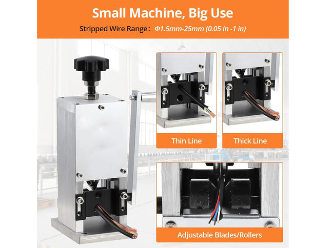 Wire stripping machine with text indicating its use for stripping wire of different thicknesses.