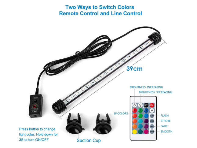 LED strip light with remote control and suction cups on a white background