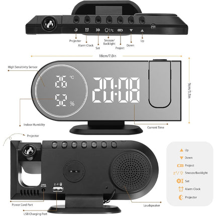 6 in 1 Digital Alarm Clock with 180° Projector FM Radio USB Charger Temperature Humidity Monitor Dual Alarm 7 Inch LED Display