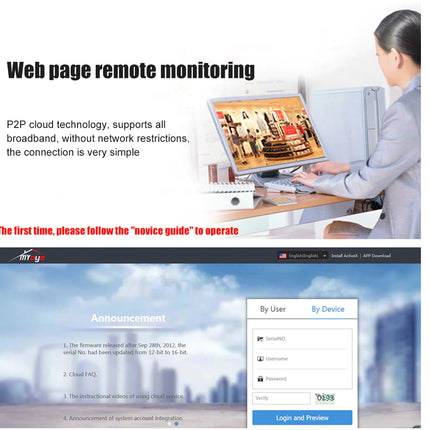 Advertisement for web page remote monitoring with a person using a computer and a screenshot of a monitoring interface.