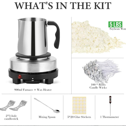 List of items included in a candle-making kit with a wax heater, soybean wax, candle wicks, and other tools.