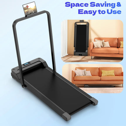 Space-saving treadmill with a smartphone mount, shown in a compact form on a light blue background.