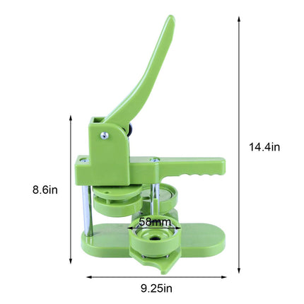 Green press machine with dimensions labeled on a white background