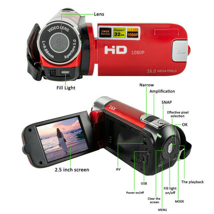 A red and black digital video camera shown from two angles on a white background, with labeled callouts pointing to parts such as the lens, fill light, screen, USB port, and buttons.