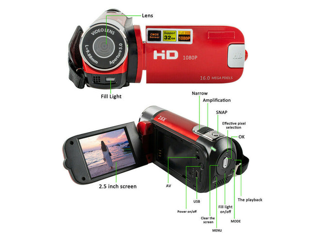 A red and black digital video camera shown from two angles on a white background, with labeled callouts pointing to parts such as the lens, fill light, screen, USB port, and buttons.
