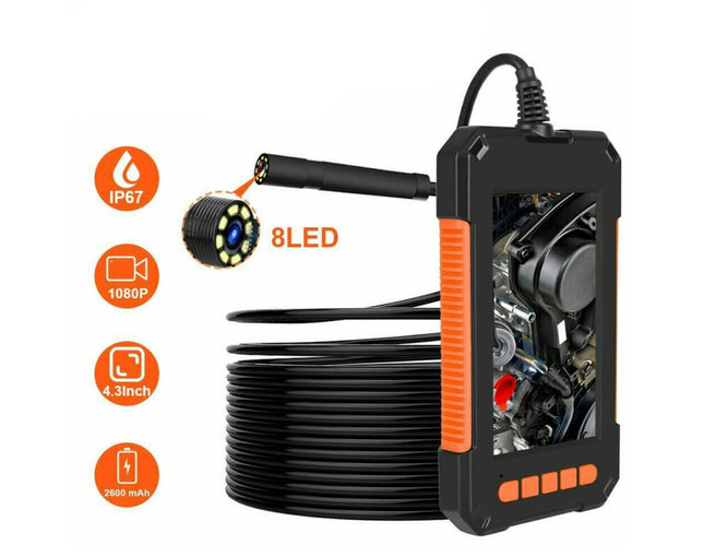 Black and orange industrial endoscope camera with a coiled black cable, shown on a white background with feature icons for IP67, 8LED, 1080p, 4.3 inch, and 2065 mAh.