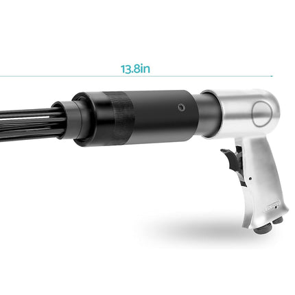 Gun-shaped device with measurement labels on a white background