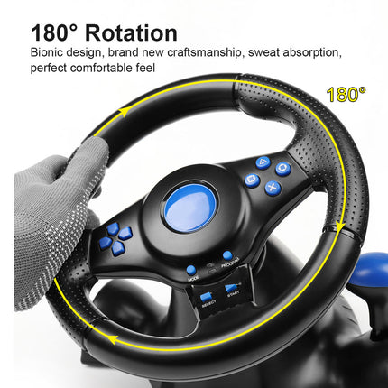 Steering wheel with 180-degree rotation feature on a white background