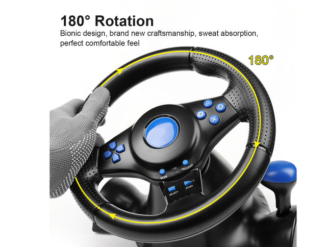 Steering wheel with 180-degree rotation feature on a white background