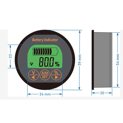 A battery indicator digital display module shown with front and side profile views, annotated with dimensions including 59 mm height, 34 mm width, 20 mm side depth, and 23 mm top margin.