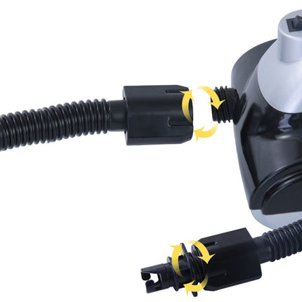 Steam iron with black hose and connector on a white background