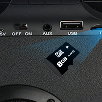 8GB microSD card placed on a device with USB and TF card slots.