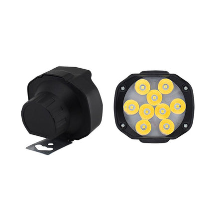 Two off-road lights with black housing and white LED lights on a white background