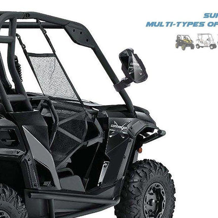 Black UTV with a roll cage on a white background, featuring text about supporting multi-types of UTVs.