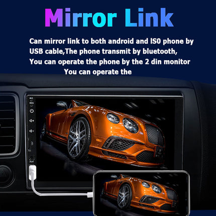 Car stereo system with mirror link feature displaying an orange sports car on a screen.