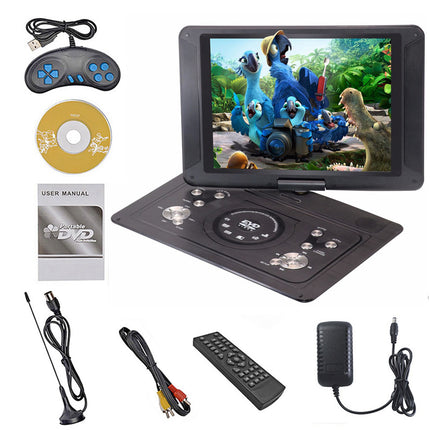 Portable DVD player with accessories on a white background