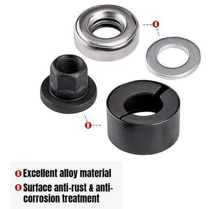 Mechanical components with text highlighting alloy material and anti-corrosion treatment on a white background