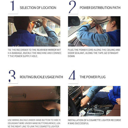 Step-by-step guide on installing a cigarette lighter recorder in a vehicle, with images of a person performing each step.