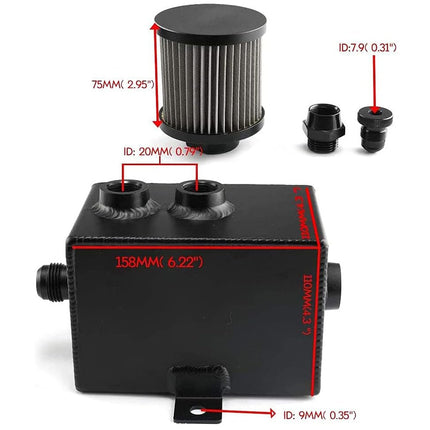 Black rectangular metal tank with red dimension callouts and labels, shown alongside a cylindrical filter and two black fittings on a white background.