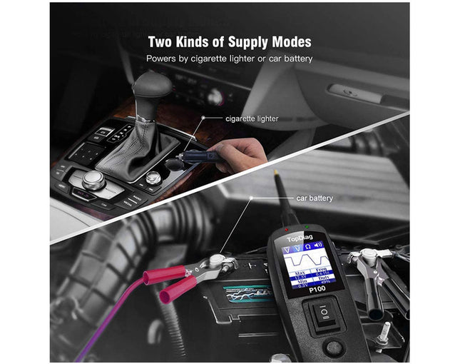 Two images showing a car's ignition area with a cigarette lighter and car battery, and a device labeled 'Topcar' on a car's dashboard.