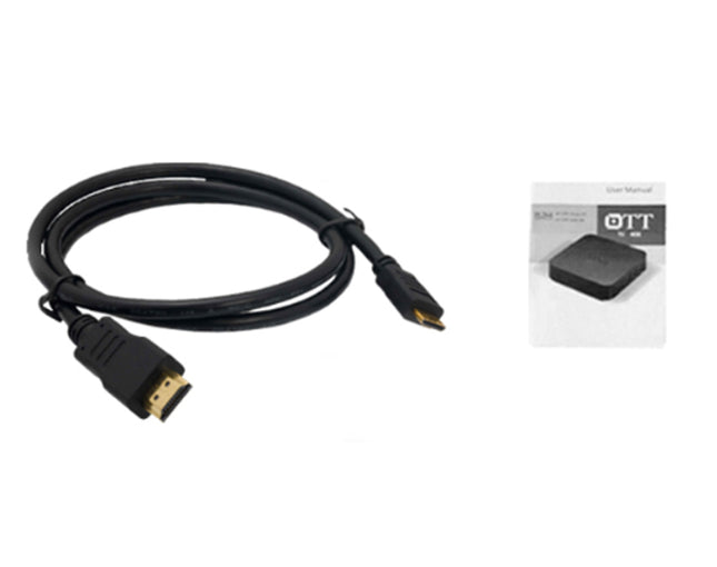 A black HDMI cable with gold-plated connectors, shown next to its retail packaging box featuring the brandOTT.