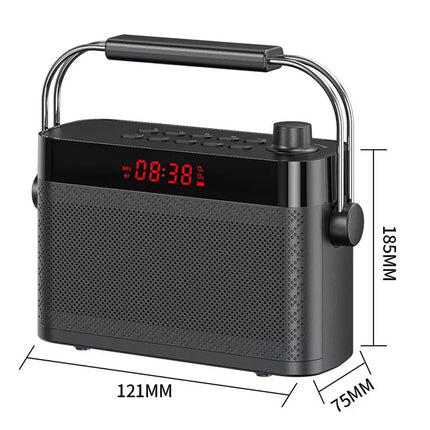 Black portable radio with digital display and dimensions on a white background