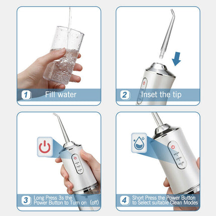 Step-by-step guide on using a water flosser with images of hands filling a container, inserting a tip, and operating the device.