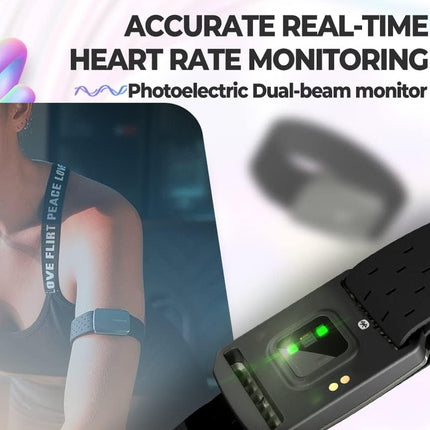 Heart rate monitor with text about accurate real-time heart rate monitoring on a white background.