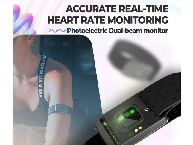 Heart rate monitor with text about accurate real-time heart rate monitoring on a white background.