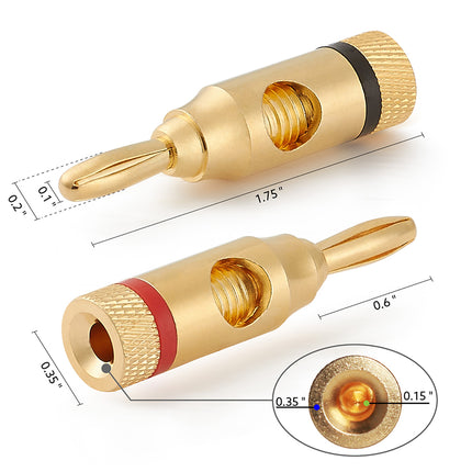 Two gold connectors with measurements on a white background