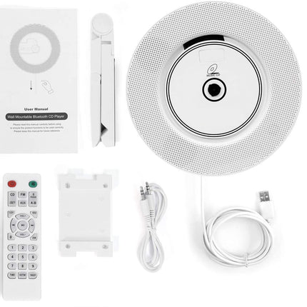 White CD player with remote control, wall mount bracket, and cables on a white background
