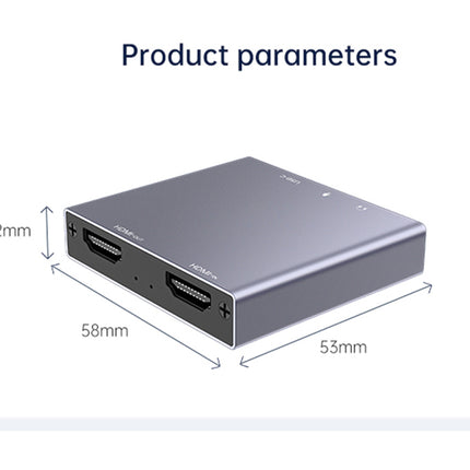 A silver rectangular electronic adapter with two HDMI ports, shown with dimension labels indicating 12mm height, 58mm width, and 53mm depth under the heading 'Product parameters'.