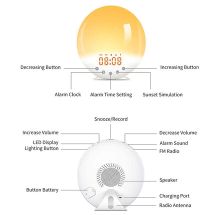 A white spherical alarm clock lamp shown from the front and back on a light gray background, with callout labels pointing to buttons, display, speaker, charging port, and other features.